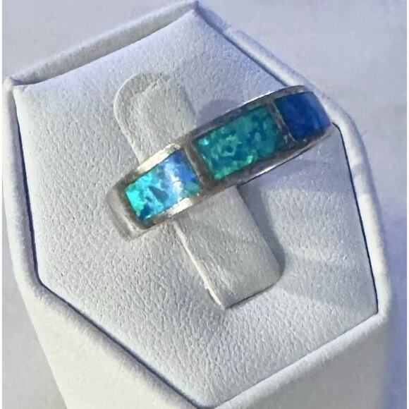 Opal Inlay Ring 925 Sterling Silver – Unisex Band Ring, Size 8 - Picture 2 of 7